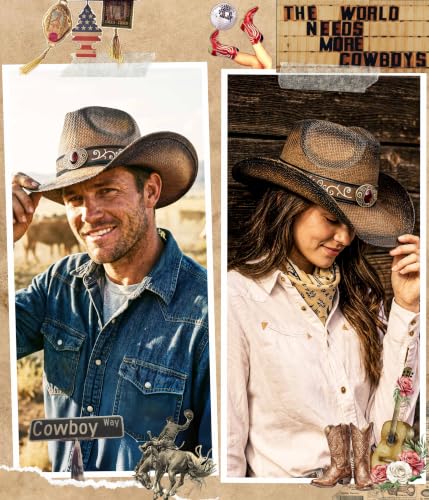 FLUFFY SENSE. Cowboy Hats for Women and Men - Distressed Straw Western Hat with Shapeable Brim for Cowboys and Cowgirls - color: Ombre Brown