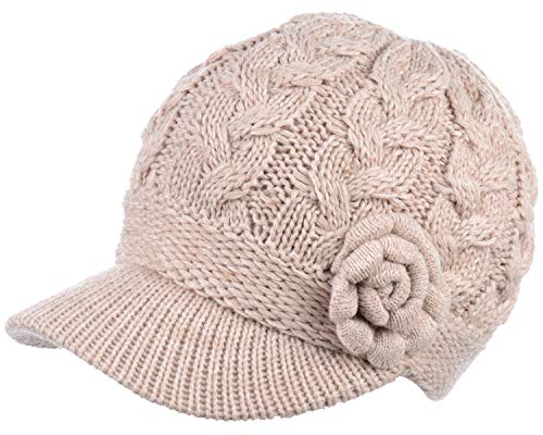 Womens Winter Elegant Cable Flower Knitted Newsboy Cabbie Cap Beret Beanie Hat with Visor, Warm Plush Fleece Lined - color: Lt. Beige Cable Flower