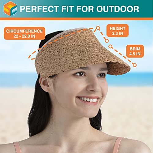 SUN CUBE Women Sun Visor Hat, Straw Beach Hat Wide Brim UV Protection, Foldable Packable Cap, Roll Up Ponytail Summer Visor - color: Brown