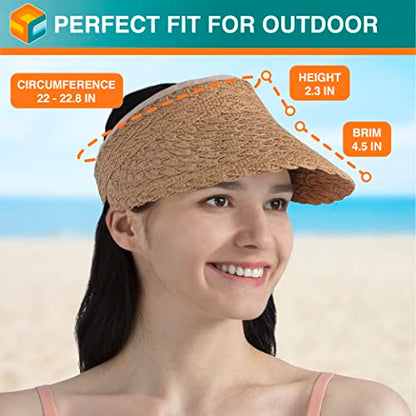SUN CUBE Women Sun Visor Hat, Straw Beach Hat Wide Brim UV Protection, Foldable Packable Cap, Roll Up Ponytail Summer Visor - color: Brown