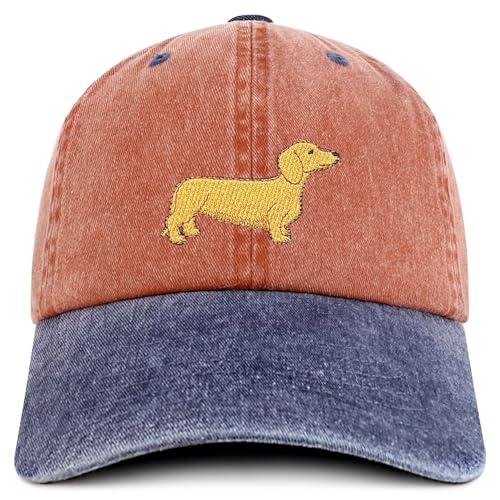 Trendy Apparel Shop Dachshund Embroidered Dog Theme Low Profile Dad Hat Cotton Cap - color: Orange Navy