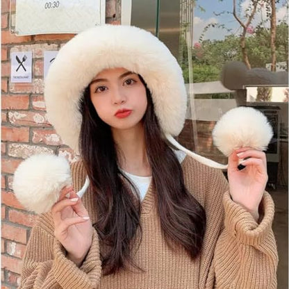 Winter Pompom Beanie Hats for Women Fluffy Knit Skull Cap Womens Faux Fur Crochet Warm Bucket Outdoor Ear Cover - color: Khaki