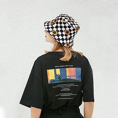 Unisex Bucket Hat Summer UPF 50+ Sun Protection Outdoor Beach Fishing Travel Hiking Hat - color: Checkered/Sunflower Pattern