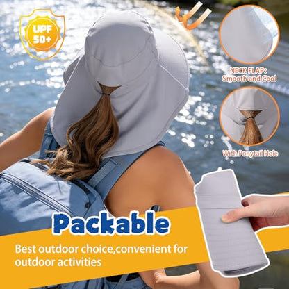 Ruqizhi Sun Hats for Women with Neck Flap Ponytail Hole Women Sun Hats Rollable UV Protection Fishing Hats Wide Brim UPF 50+ - color: Gray