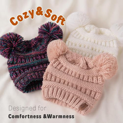 FURTALK Baby Winter Knitted Beanie Hat Soft Warm Pom Poms Toddler Skull Cap - color: White+pink+multicolor, size: 0-12 Months