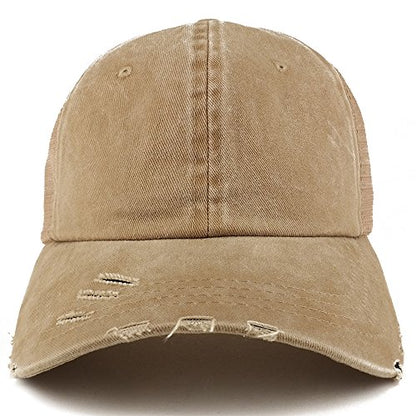 Trendy Apparel Shop Pigment Dyed Front Mesh Back Frayed Bill Trucker Cap - color: Khaki