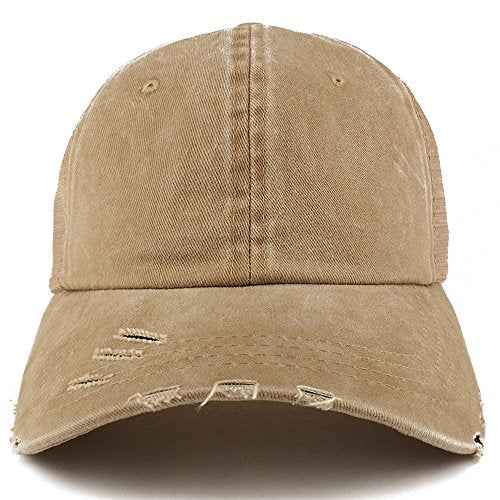 Trendy Apparel Shop Pigment Dyed Front Mesh Back Frayed Bill Trucker Cap - color: Khaki