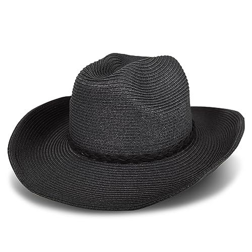 Lucky Brand Women's Straw Cowboy Hat | Rope Design | Western | Style | Fashion | Sun Protection | Breathable - color: Woven Western - Black