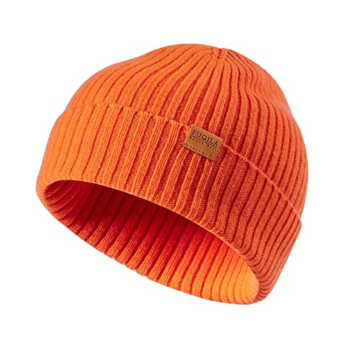 100% Merino Wool Cuff Beanie Hat, Unisex Warm Winter Caps Soft, Breathable & Cozy Stretchy Knitted Cuffed Cap - color: Orange