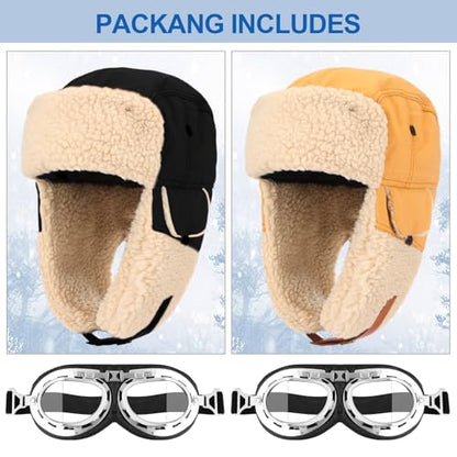 JaGely 4 Pcs Pilot Hat and Goggles Flight Costume Accessories Pilot Helmet Cap with Ear Flaps Hat Adults Winter(Wheat,Black) - color: Wheat,black, style: Classic