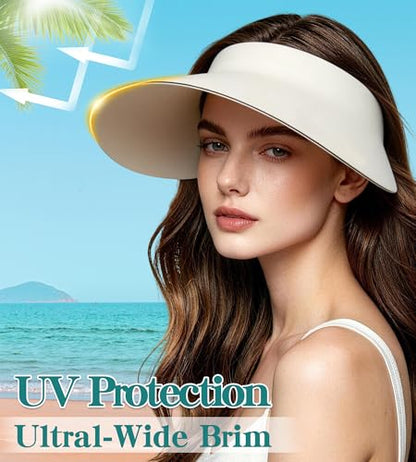 Women's Seamless Sun Visor Hat, Extra-Wide Brim, Ponytail & Bun Friendly - color: Black01