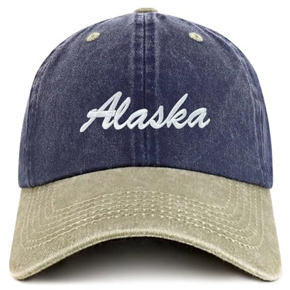 Trendy Apparel Shop Alaska State Embroidered Low Profile Adjustable Cotton Cap - color: Navy Khaki