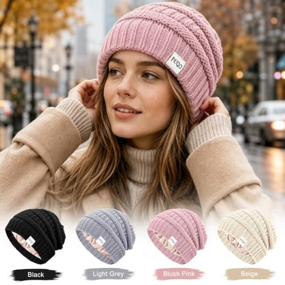FEQO 4 Pack Satin Lined Beanies Slouchy Beanie Oversized Cable Knit Caps - color: Black, Pink, Light Grey, Beige