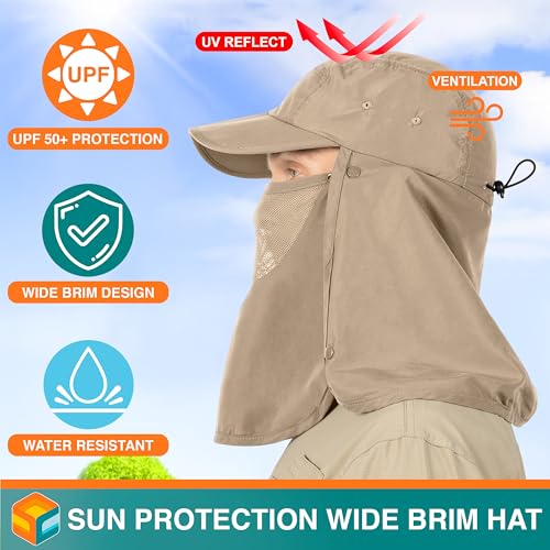 SUN CUBE Fishing Sun Hat with Neck Flap & Face Cover, Wide Brim UPF50+ Cap - color: Tan