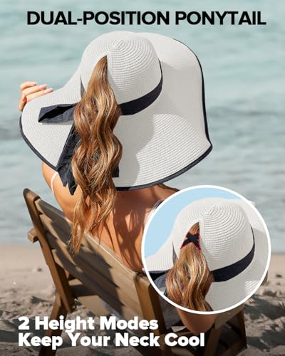 Sun Beach Hats for Women with Ponytail Hole, Floppy Wide Brim Beach Hat, Straw Summer Packable Sunhat Foldable Sun Protection - color: White, size: Medium