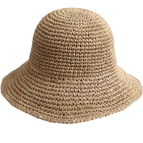 KORADI Womens Sun Hats Straw Hat Summer Beach Hats Foldable Floppy Cap Wide Brim Woven Bucket Hat - color: Khaki-3.1"