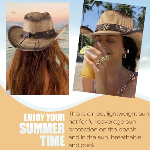 AQOKKA Straw Cowboy Hats for Women Men Western Cowgirl Hats with Shapeable Brim Woven Hollow Out Unisex Beach Roll Up Caps - color: Spray-painted Cowboy Hats : Khaki+black