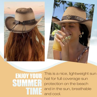 AQOKKA Straw Cowboy Hats for Women Men Western Cowgirl Hats with Shapeable Brim Woven Hollow Out Unisex Beach Roll Up Caps - color: Spray-painted Cowboy Hats : Khaki+black