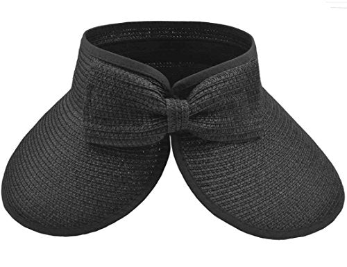 Womens Foldable Straw Sun Visor, Packable Roll‑Up Beach Hat with Wide Brim - color: Black