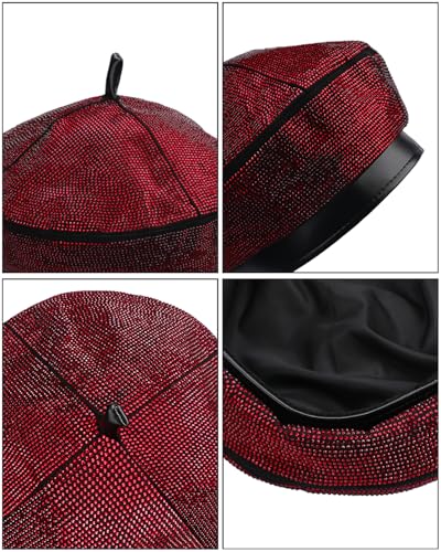 MINGSEECESS Women PU Leather French Black Beret Hat Causal Beanie Hat - color: Rhinestone-red