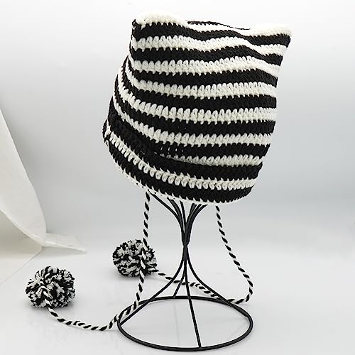 XYIYI Crochet Hats for Women Fox Knit Hat with Pompoms Grunge Goth Accessories Slouchy Beanies for Women Girls - color: Black White