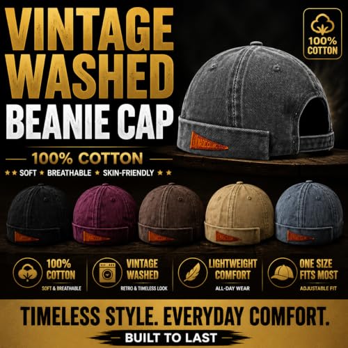 Retro Brimless Docker Cap Rolled Cuff Cotton Beanie Hat - color: Brown