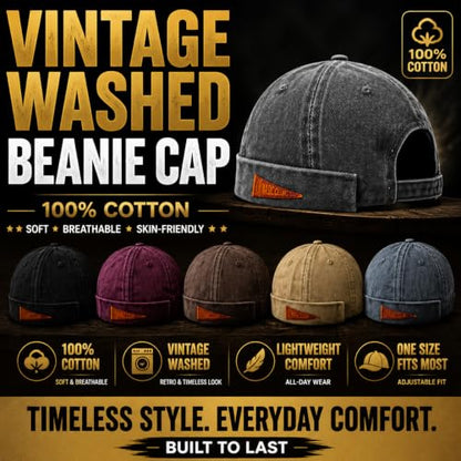 Retro Brimless Docker Cap Rolled Cuff Cotton Beanie Hat - color: Brown