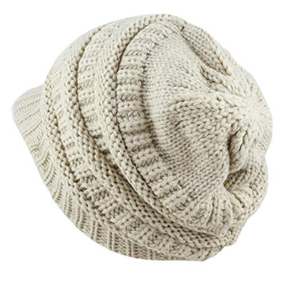 The Hat Depot - Visor Beanie Unisex Winter Knit Skull Beanie with Brim Hat - color: 1. Beige