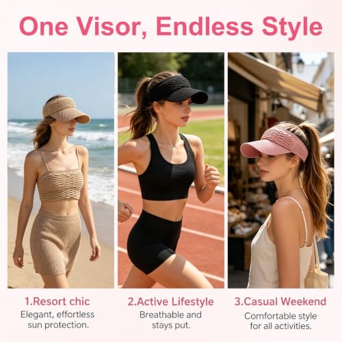 2Pcs High Ponytail Sun Visor Hat, Women's Sun Visor Hats, Knitted Breathable Wide Brim UV Protection Cap - color: Off-white + Pink