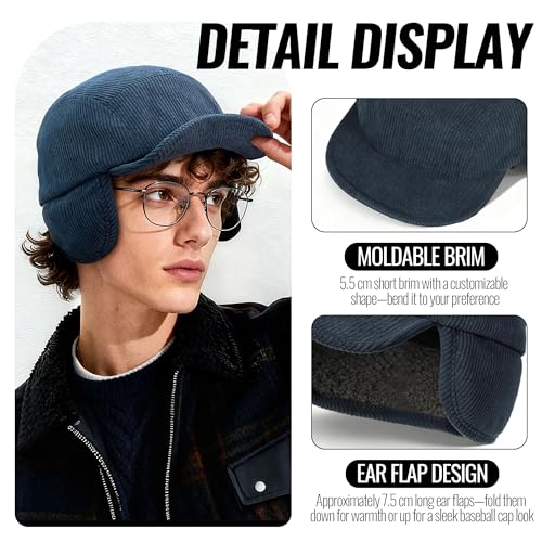 Clakllie Winter Earflaps Hat Short Brim Baseball Cap with Ear Flap Warm Trapper Hat Soft 5 Panel Style Russian Hats - color: Cdus-bsdt2501-dark Blue