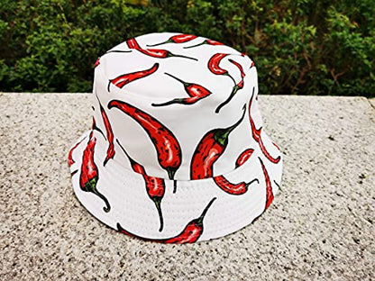 Unisex Corn Mushroom Pepper Ice Cream Seamless Print Bucket Hat - color: Pepper (White Red)