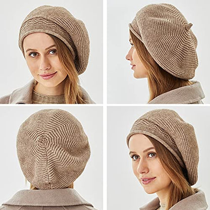 FENELY Beret Hat for Women, French Style Beanie Winter Fashion Warm Thickened Lining Knit Cap - color: Khaki
