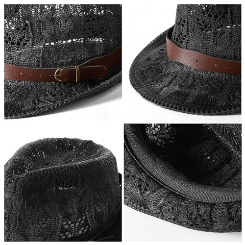 Unisex Summer Mesh Fedora Hat Sun Short Brim Panama Hat Beach Hat Packable Breathable Classic Retro Trilby Hat - color: Black