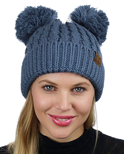 C.C 2 Ear Pom Pom Cable Knit Soft Stretch Cuff Skully Beanie Hat - color: Dark Denim