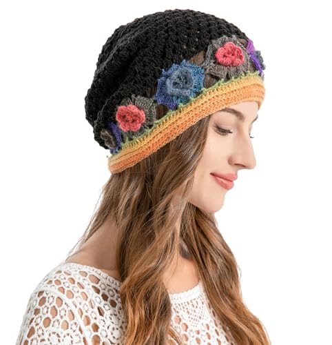 ZLYC Women Cotton Crochet Slouchy Beanie Hat Handmade Knit Summer Skull Cap - color: Colorful Flower Black