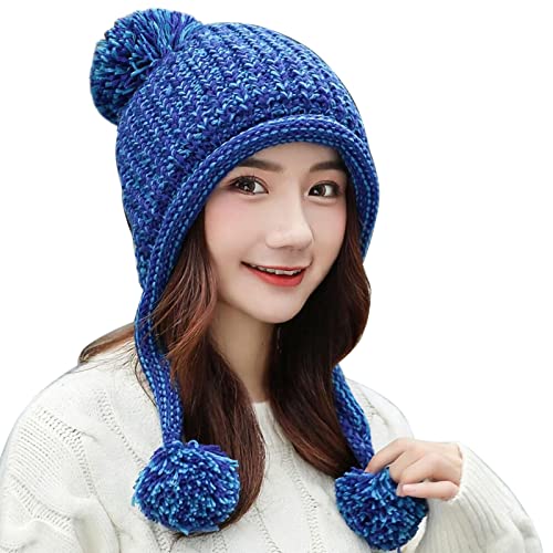 HUAMULAN Women Winter Sherpa Knit Beanie Hat Fleece Lined Ear Flaps - color: Blue