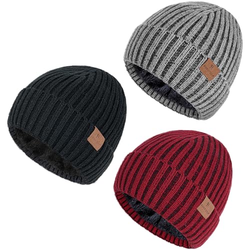 HONGTEYA 3 Pack Winter Beanie for Men Women, Thicken Thermal Plush Lined Beanie Fashion Warm Knit Hat for Cold Weather - color: Black+gray+wine Red