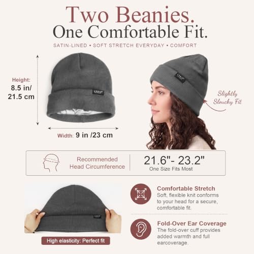 2 Pack Satin Lined Beanies for Men and Women Warm Cuffed Winter Hats - color: Black+dark Grey