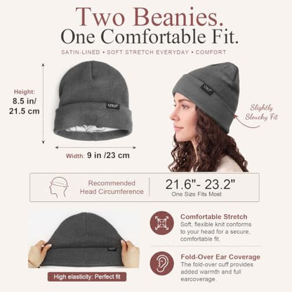 2 Pack Satin Lined Beanies for Men and Women Warm Cuffed Winter Hats - color: Black+dark Grey