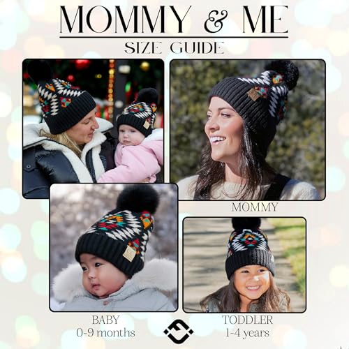Funky Junque Mommy & Me Pom Pom Beanies Set – Infant Baby & Mom Matching Winter Outfits, Warm Newborn & Women's Beanie Hats - color: Aztec - Black