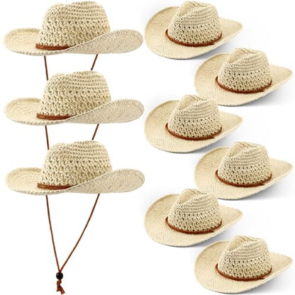 Newcotte 9 Pack Straw Cowboy Hats for Women Men - color: Beige