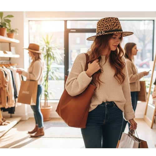 Women's Wide Brim Felt Fedora Panama Hat with Leopard - color: Z-khaki
