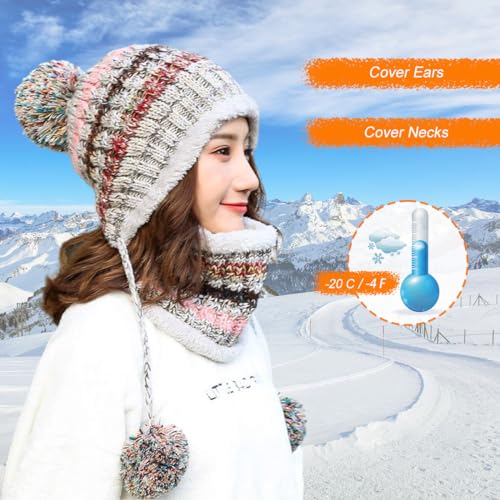 HUAMULAN Women Winter Knit Beanie Hat Circle Scarf Set Pompoms Ear Flaps - color: Gray