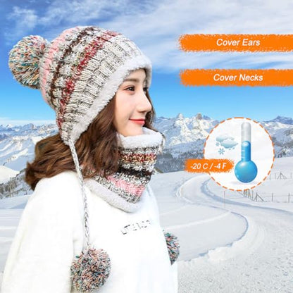 HUAMULAN Women Winter Knit Beanie Hat Circle Scarf Set Pompoms Ear Flaps - color: Gray