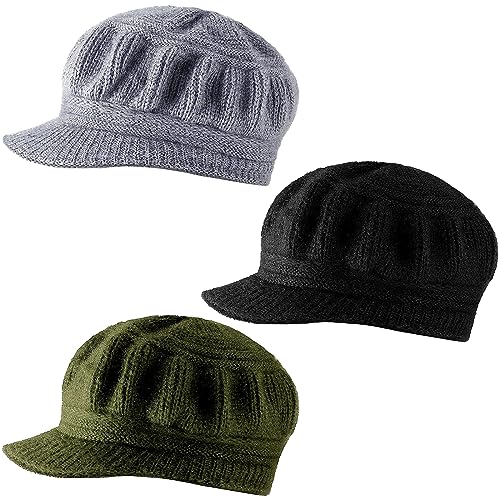 Mepase 3 Pieces Women Warm Hat for Winter Slouchy Beanie Cap with Visor Knitted Newsboy Hats for Women Ski Snow - color: Black, Dark Gray, Army Green