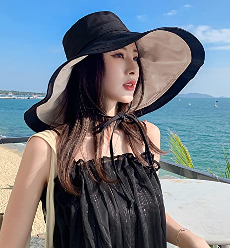 HUAMULAN Women Summer Vacation Wide Brim Sun Hat Reversible Fishing Hats - color: Blackbeige