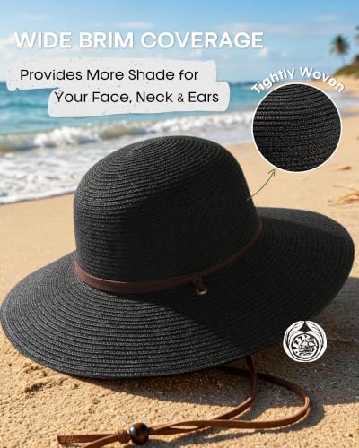 FURTALK Womens Wide Brim Sun Hat with Wind Lanyard UPF Summer Straw Sun Hats for Women - color: Black, size: Large-X-Large