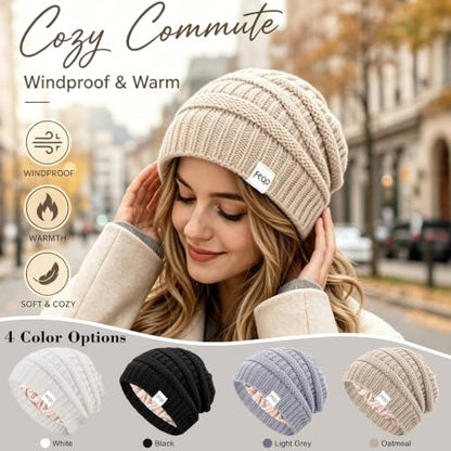FEQO 4 Pack Satin Lined Beanies Slouchy Beanie Oversized Cable Knit Caps - color: Black, White, Light Grey, Oatmeal