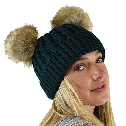 C.C 2 Ear Pom Pom Cable Knit Soft Stretch Cuff Skully Beanie Hat - color: Faux Fur Deep Pine