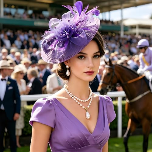 DRESHOW Fascinators Hat Flower Mesh Feathers Hat with a Headband and a Clip 7.9" Tea Party Headwear for Women - color: Folded Style 2: Purple / 7.9"